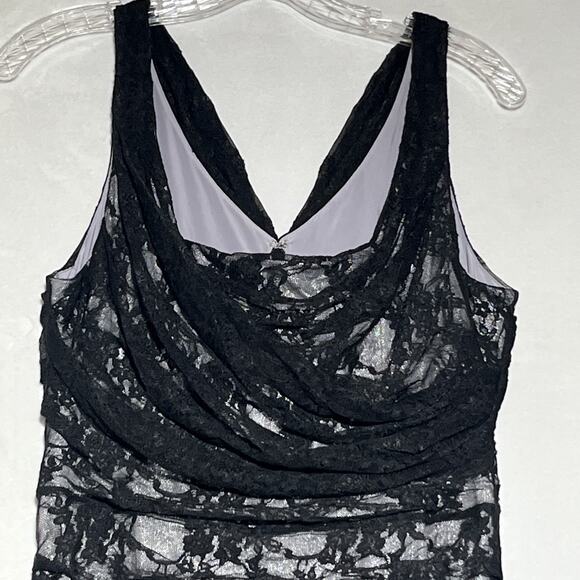 Express Lace Sheath Cocktail Dress Size 8 Black Cowl Ruched Mesh 90s Y2K - Picture 3 of 12